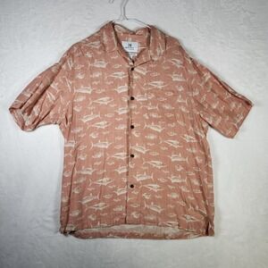 28 Palms Men's‎ L Salmon Fish Print Relaxed Fit Short Sleeve Button Down Shirt